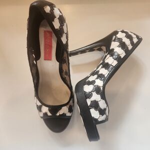 Betsey Johnson Black and White Heart Leather Peep Toe Heels 80s Punk Girly